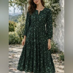 Zara Dark Green Floral Tiered Maxi Dress
